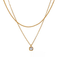 Layered Chain Square Pendant Necklace Natural Stone