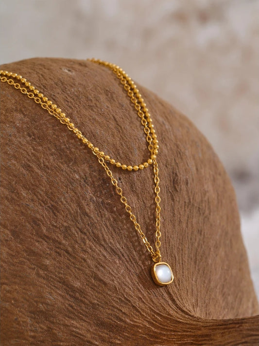 Layered chain square pendant necklace natural stone - product image