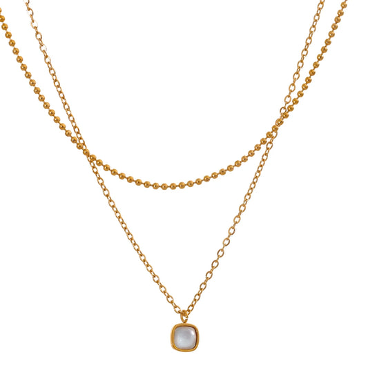 Layered chain square pendant necklace natural stone - product image