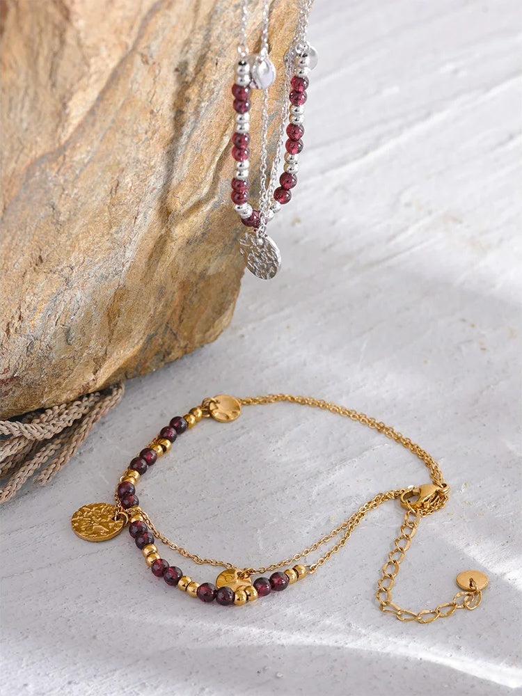 Layered garnet stone beads handmade anklet - product image