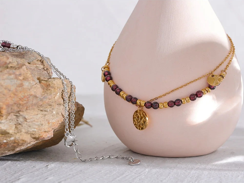 Layered garnet stone beads handmade anklet - product image