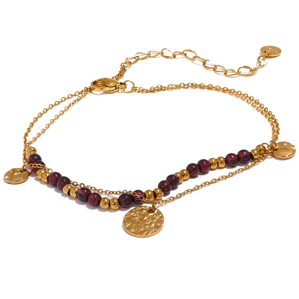 Layered garnet stone beads handmade anklet - product image