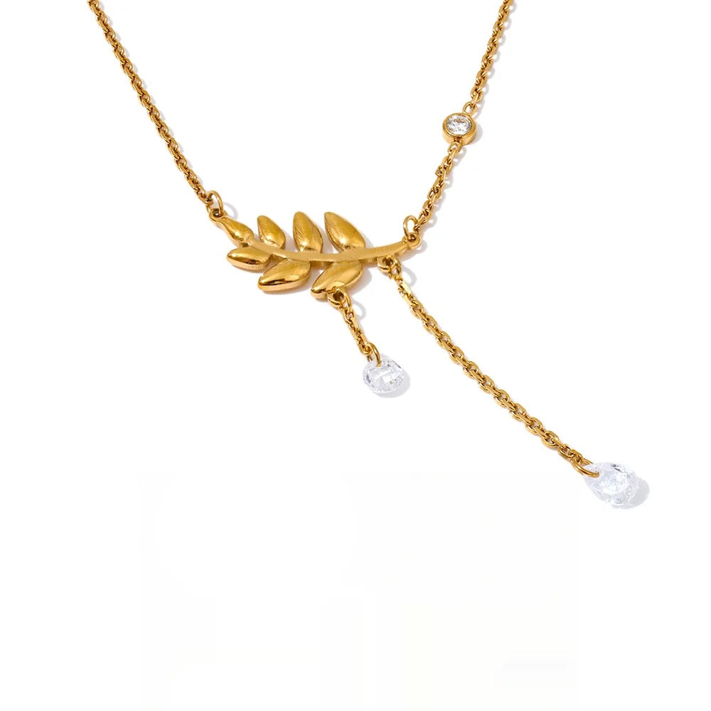 Leaf chain tassel cubic zirconia pendant necklace - product image