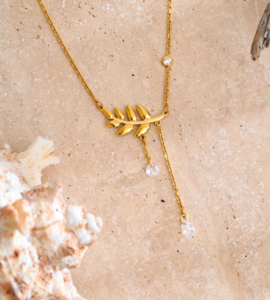 Leaf chain tassel cubic zirconia pendant necklace - product image