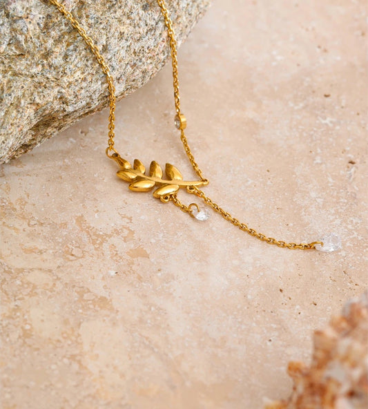 Leaf chain tassel cubic zirconia pendant necklace - product image