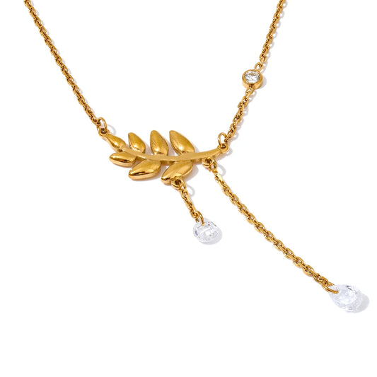 Leaf chain tassel cubic zirconia pendant necklace - product image