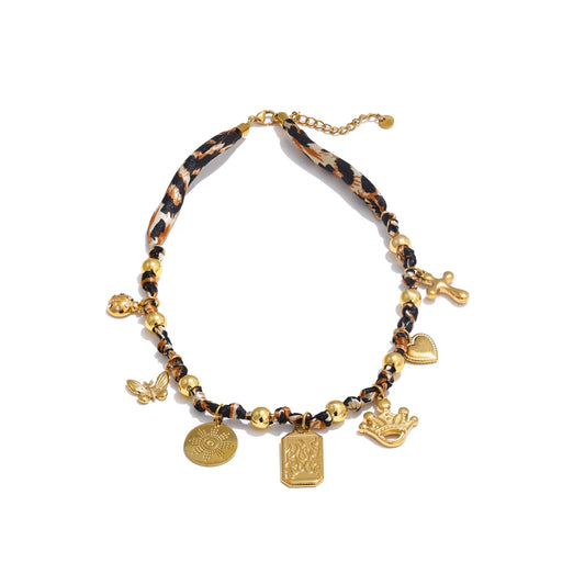 Leopard print butterfly heart cross pendant necklace - product image