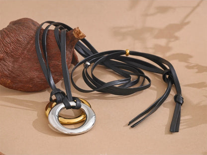 Long pu leather round pendant bib necklace - product image