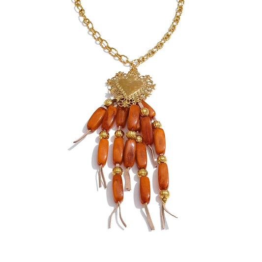Long resin beads tassel heart pendant necklace - product image