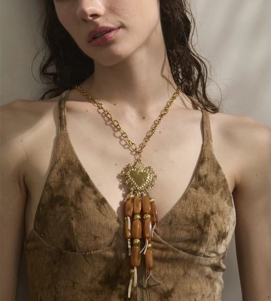 Long resin beads tassel heart pendant necklace - product image