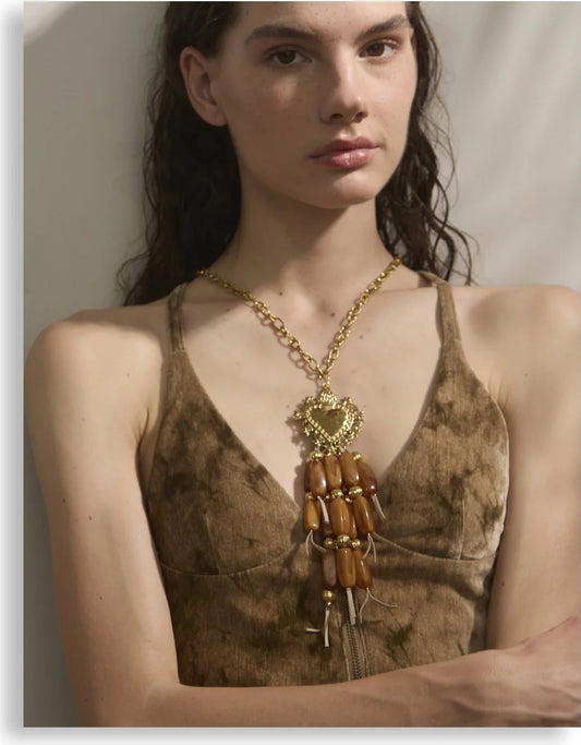 Long resin beads tassel heart pendant necklace - product image