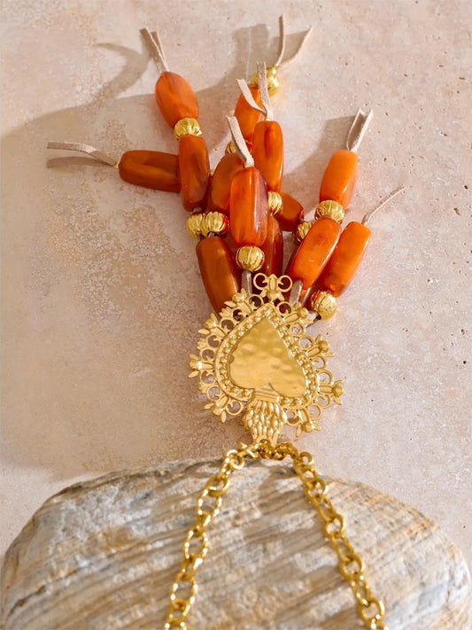 Long resin beads tassel heart pendant necklace - product image