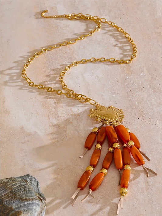 Long resin beads tassel heart pendant necklace - product image