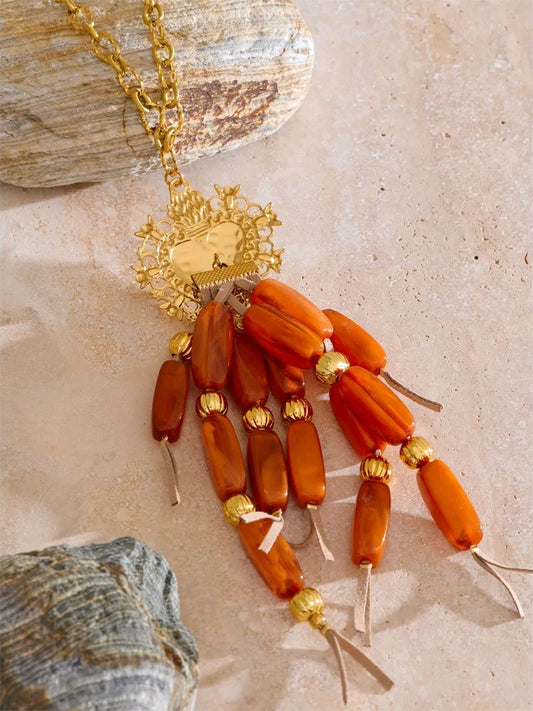 Long resin beads tassel heart pendant necklace - product image