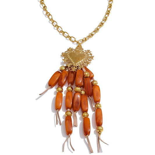 Long resin beads tassel heart pendant necklace - product image