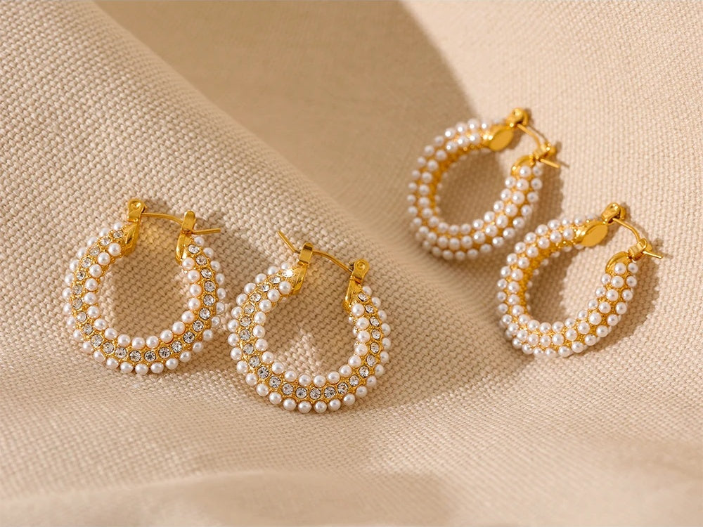 Luxury imitation pearls hoop huggie earrings - product image