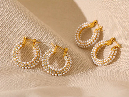 Luxury imitation pearls hoop huggie earrings - product image