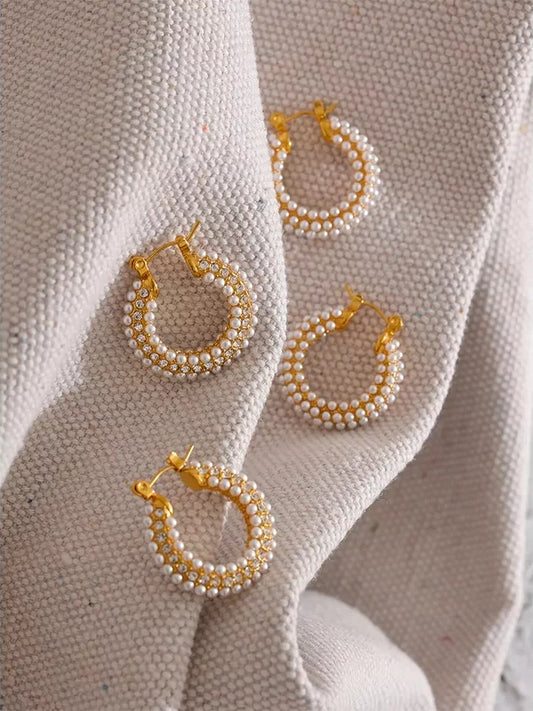 Luxury imitation pearls hoop huggie earrings - product image