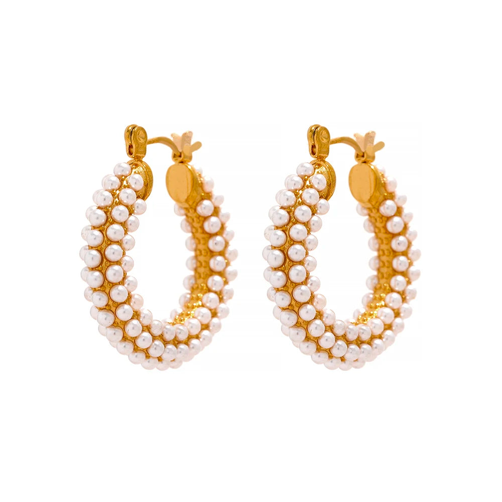 Luxury imitation pearls hoop huggie earrings - product image