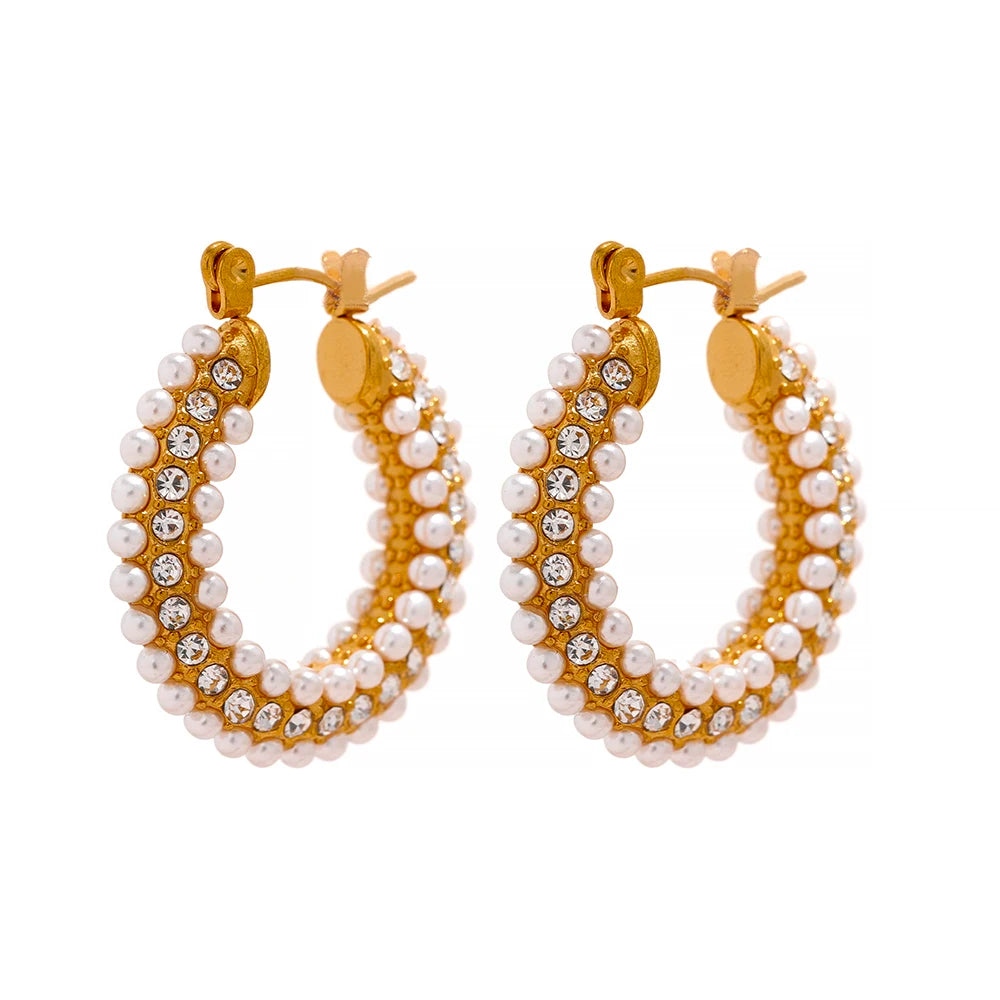 Luxury imitation pearls hoop huggie earrings - product image