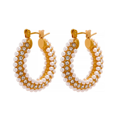 Luxury imitation pearls hoop huggie earrings - product image