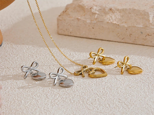 Metal bow knot heart lover necklace earrings set - product image