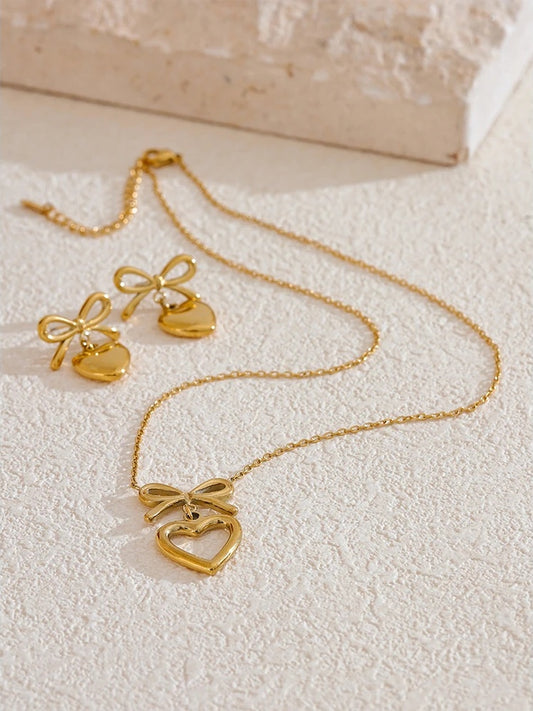 Metal bow knot heart lover necklace earrings set - product image