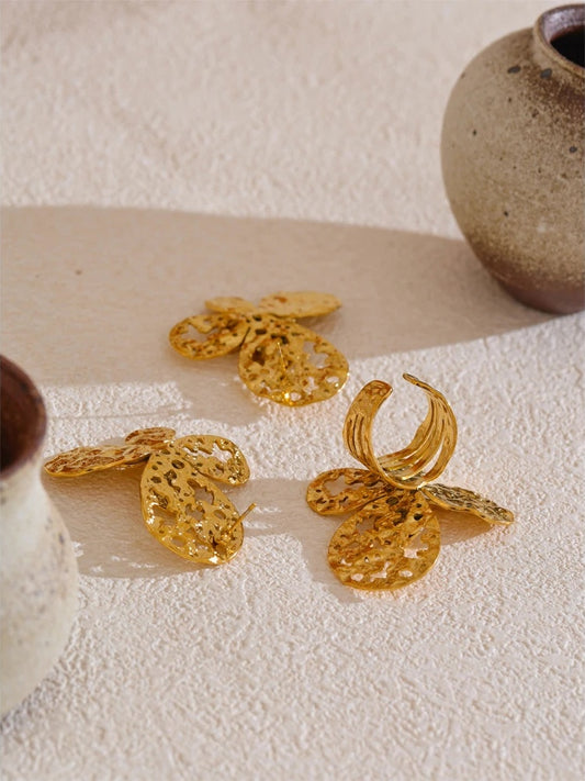 Metal butterfly hollow earrings open ring set - product image