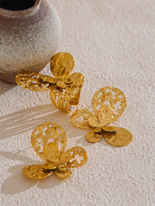 Metal butterfly hollow earrings open ring set - product image