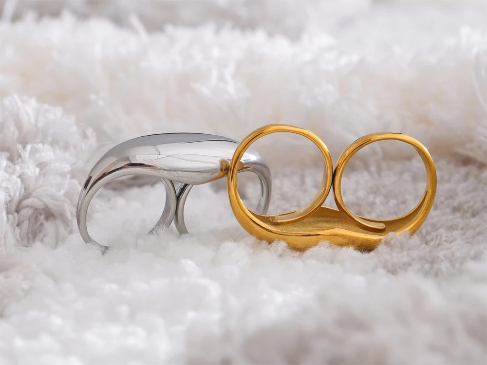 Metal double finger contemporary statement ring - product image