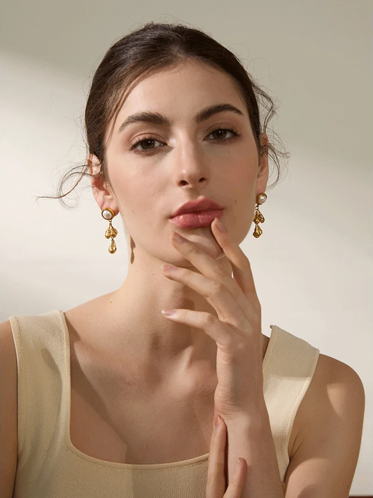 Metal flower pearl drop dangle earrings - product image