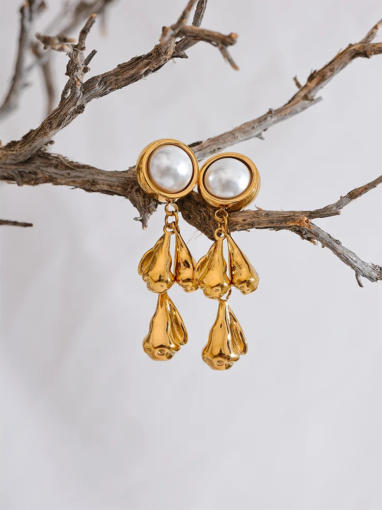 Metal flower pearl drop dangle earrings - product image