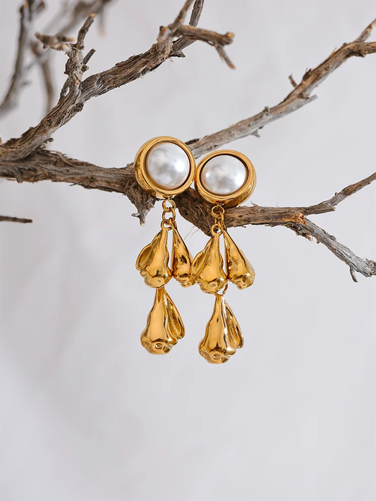 Metal flower pearl drop dangle earrings - product image