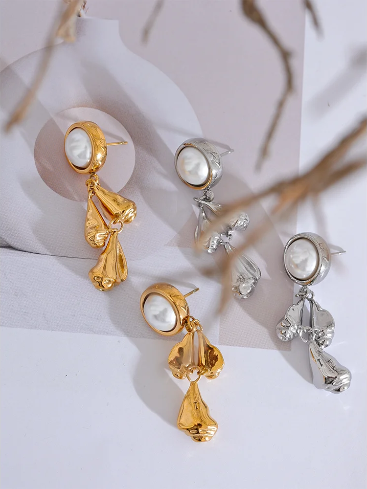 Metal flower pearl drop dangle earrings - product image