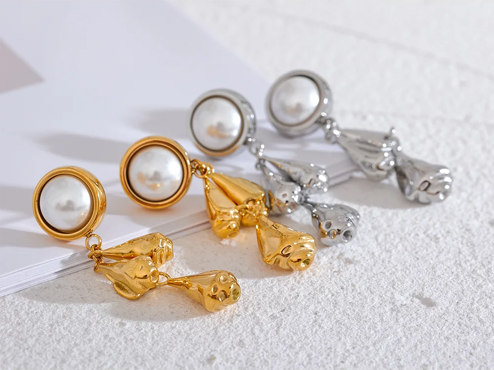 Metal flower pearl drop dangle earrings - product image