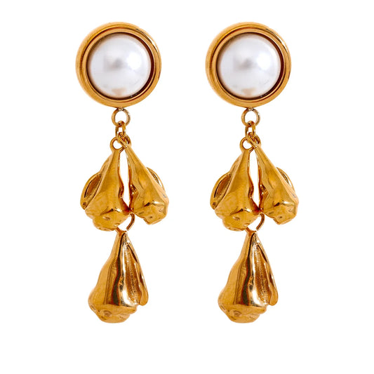 Metal flower pearl drop dangle earrings - product image