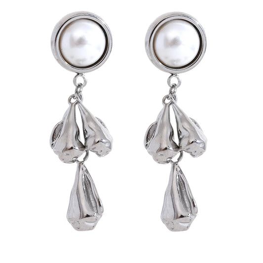 Metal flower pearl drop dangle earrings - product image
