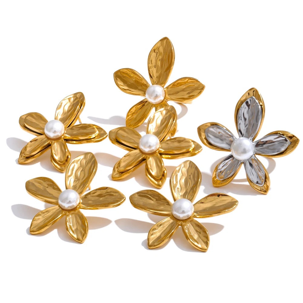 Metal flower pearl stud earrings open ring set - product image