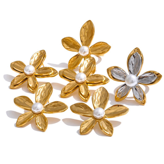 Metal flower pearl stud earrings open ring set - product image