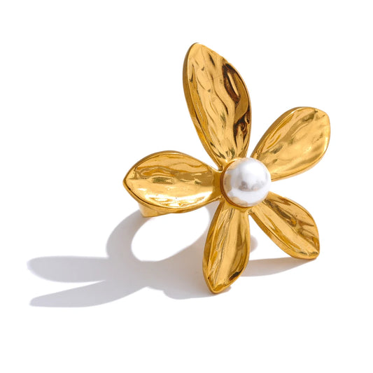 Metal flower pearl stud earrings open ring set - product image