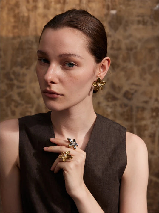 Metal flower pearl stud earrings open ring set - product image