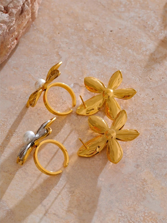 Metal flower pearl stud earrings open ring set - product image