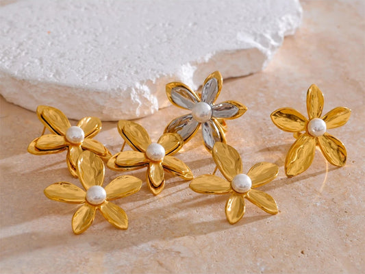 Metal flower pearl stud earrings open ring set - product image