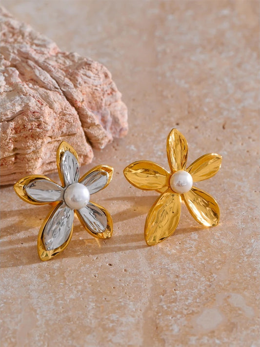 Metal flower pearl stud earrings open ring set - product image