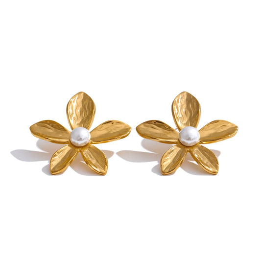 Metal flower pearl stud earrings open ring set - product image