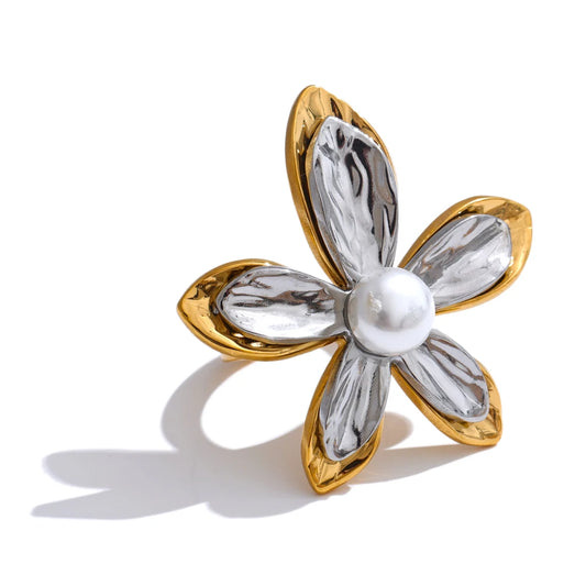 Metal flower pearl stud earrings open ring set - product image