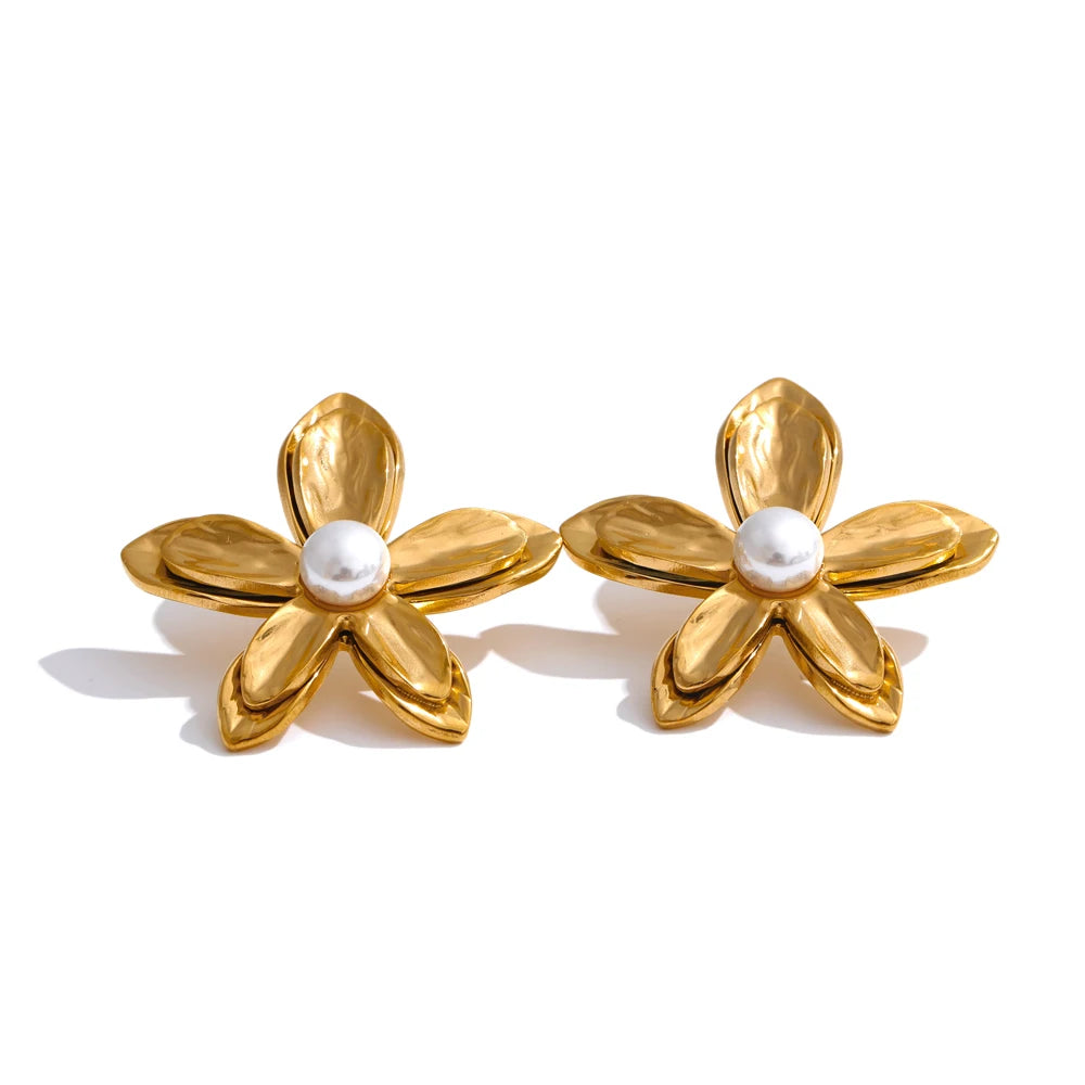 Metal flower pearl stud earrings open ring set - product image