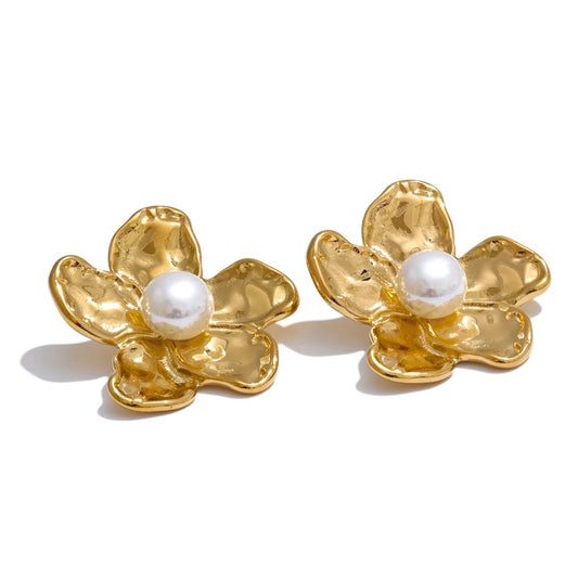 Metal flower simulated pearl stud earrings - product image