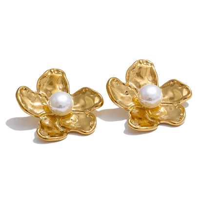 Metal flower simulated pearl stud earrings - product image
