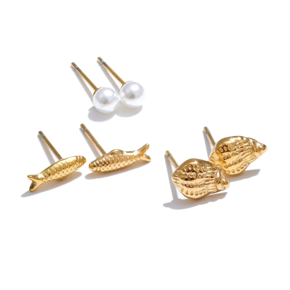 Mini conch fish simulated pearl stud earrings set - product image